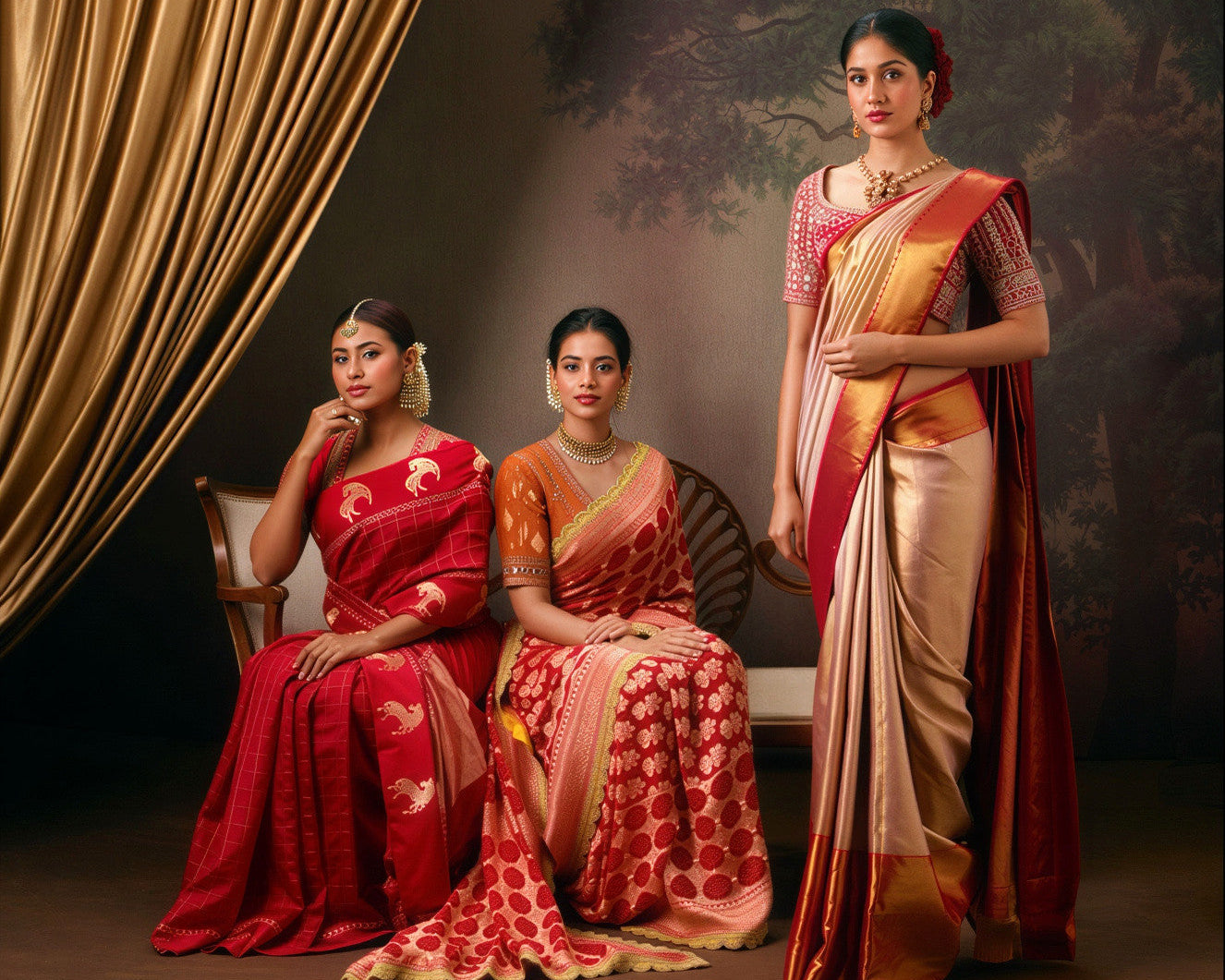 Three women in traditional sarees sitting in a room with a draped curtain and wall art.