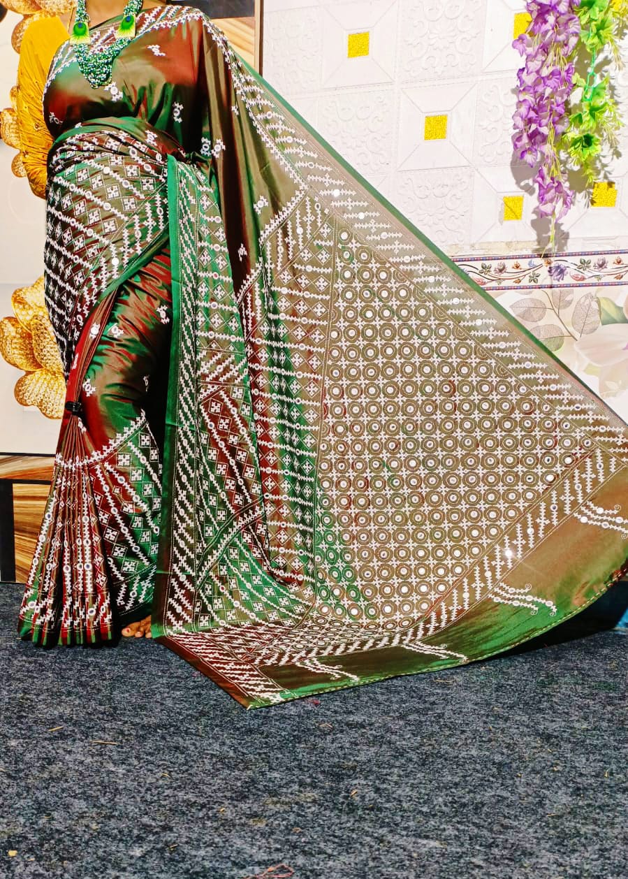 Gujrati Stitched Saree With Beautiful Mirror Work And Blouse Piece
