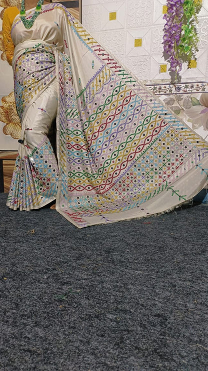 Gujrati Stitched Saree With Beautiful Mirror Work And Blouse Piece