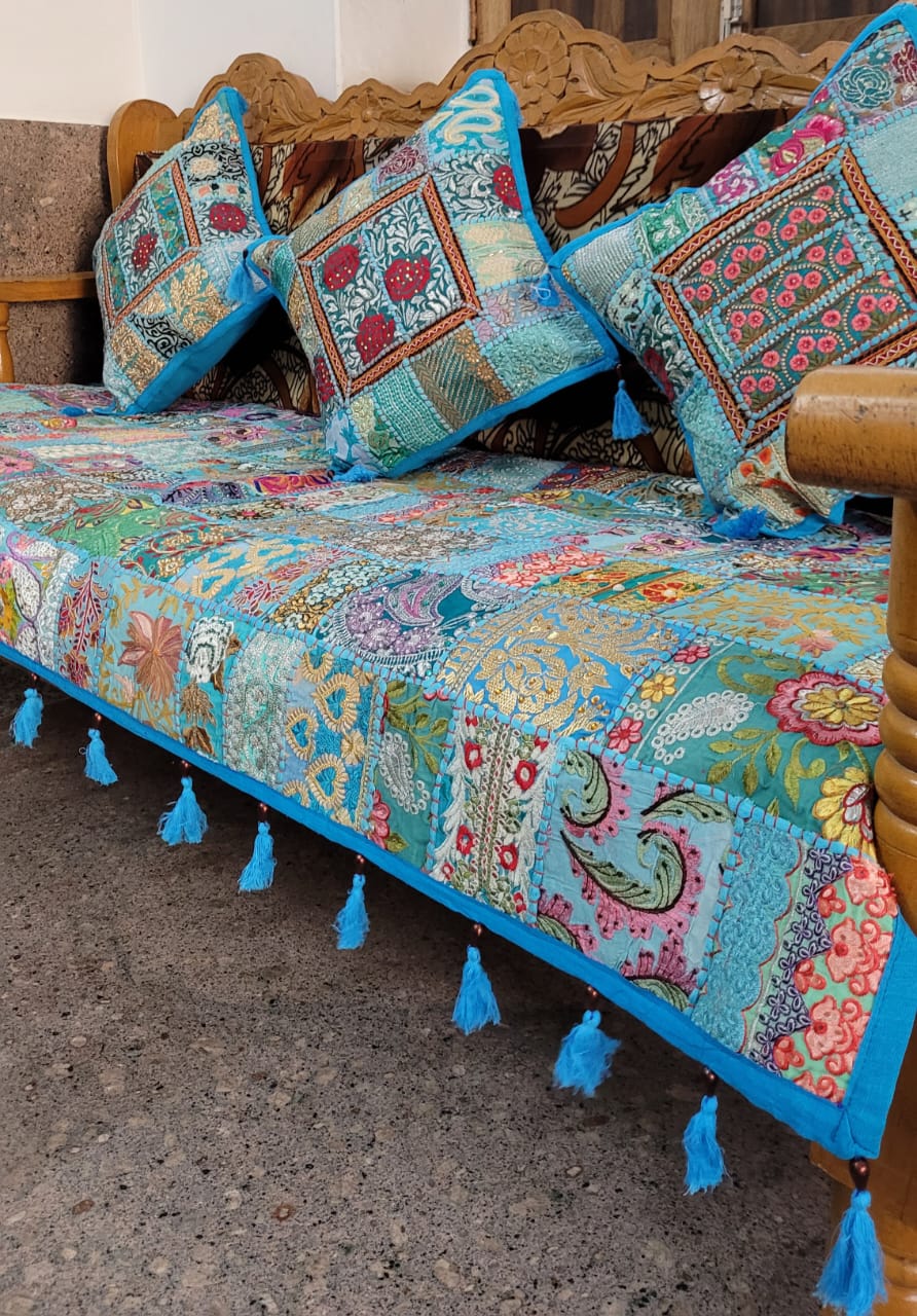Exclusive handmade vintage style banjara work 3 seater sofa throw with 3cushioncovers