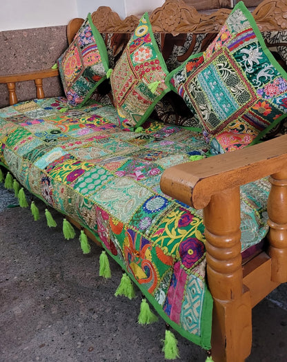 Exclusive handmade vintage style banjara work 3 seater sofa throw with 3cushioncovers
