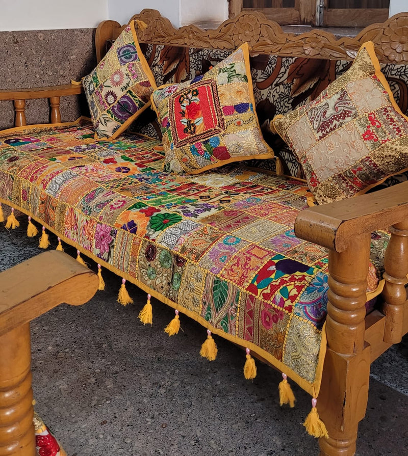 Exclusive handmade vintage style banjara work 3 seater sofa throw with 3cushioncovers