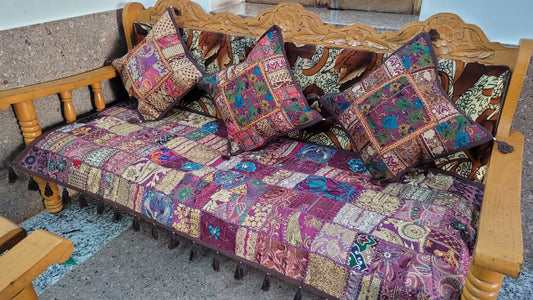 Exclusive handmade vintage style banjara work 3 seater sofa throw with 3cushioncovers