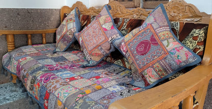 Exclusive handmade vintage style banjara work 3 seater sofa throw with 3cushioncovers